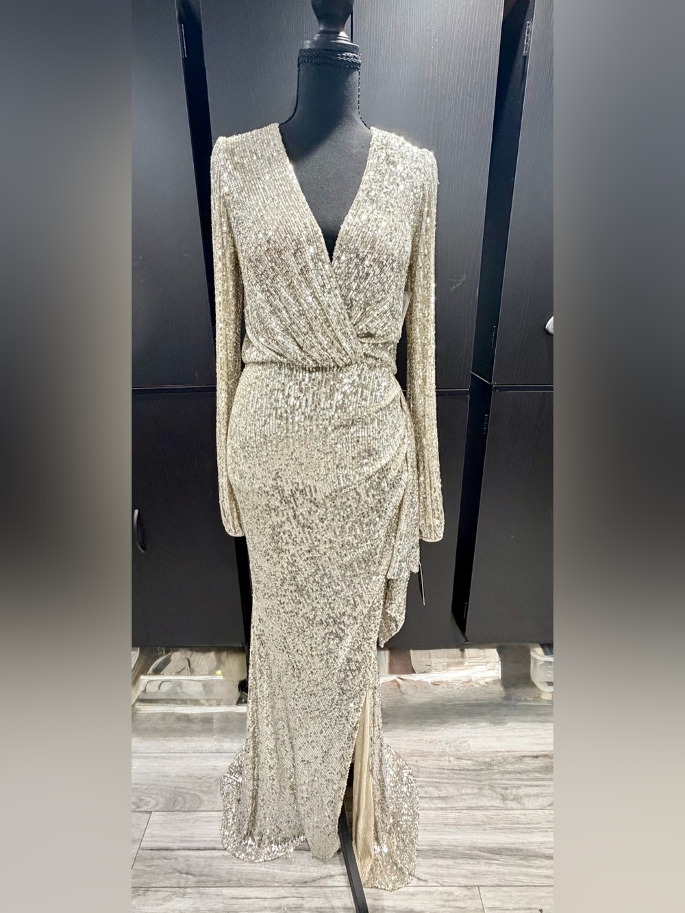 Nicole Bakti Gold Sequin Long Sleeve Wrap Gown